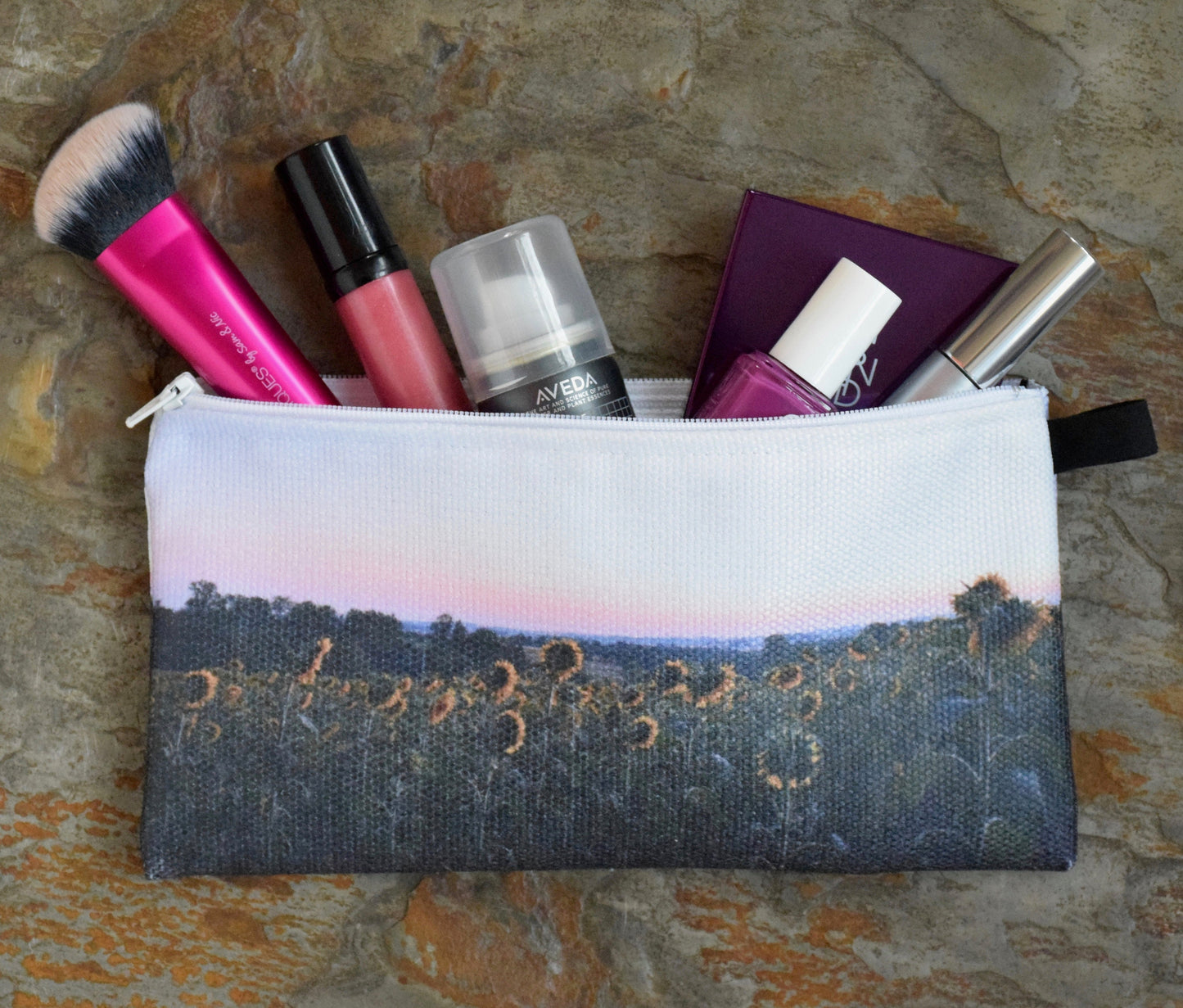 Sunflower Makeup Bag - Small Makeup Bag with Sunflowers at Sunset